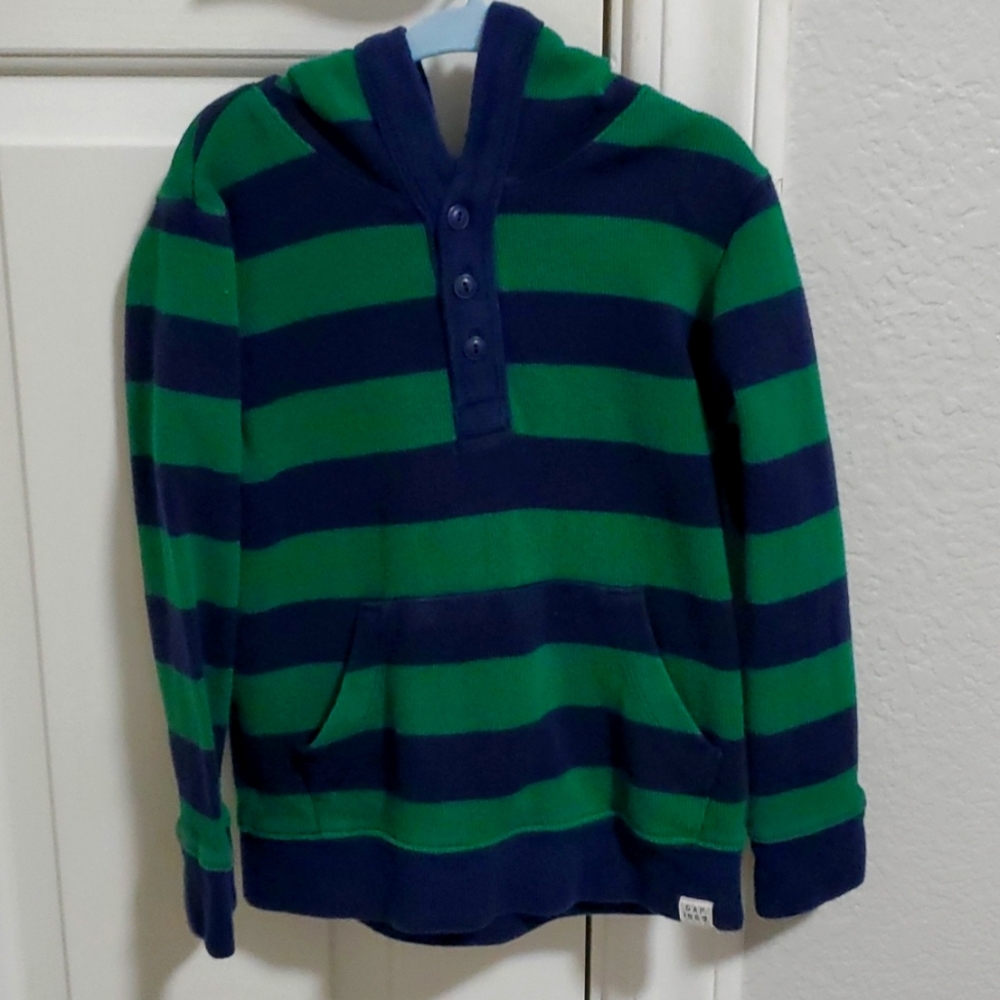 Gap kids- green and navy blue stipe long sleeve sweater with a hoodie